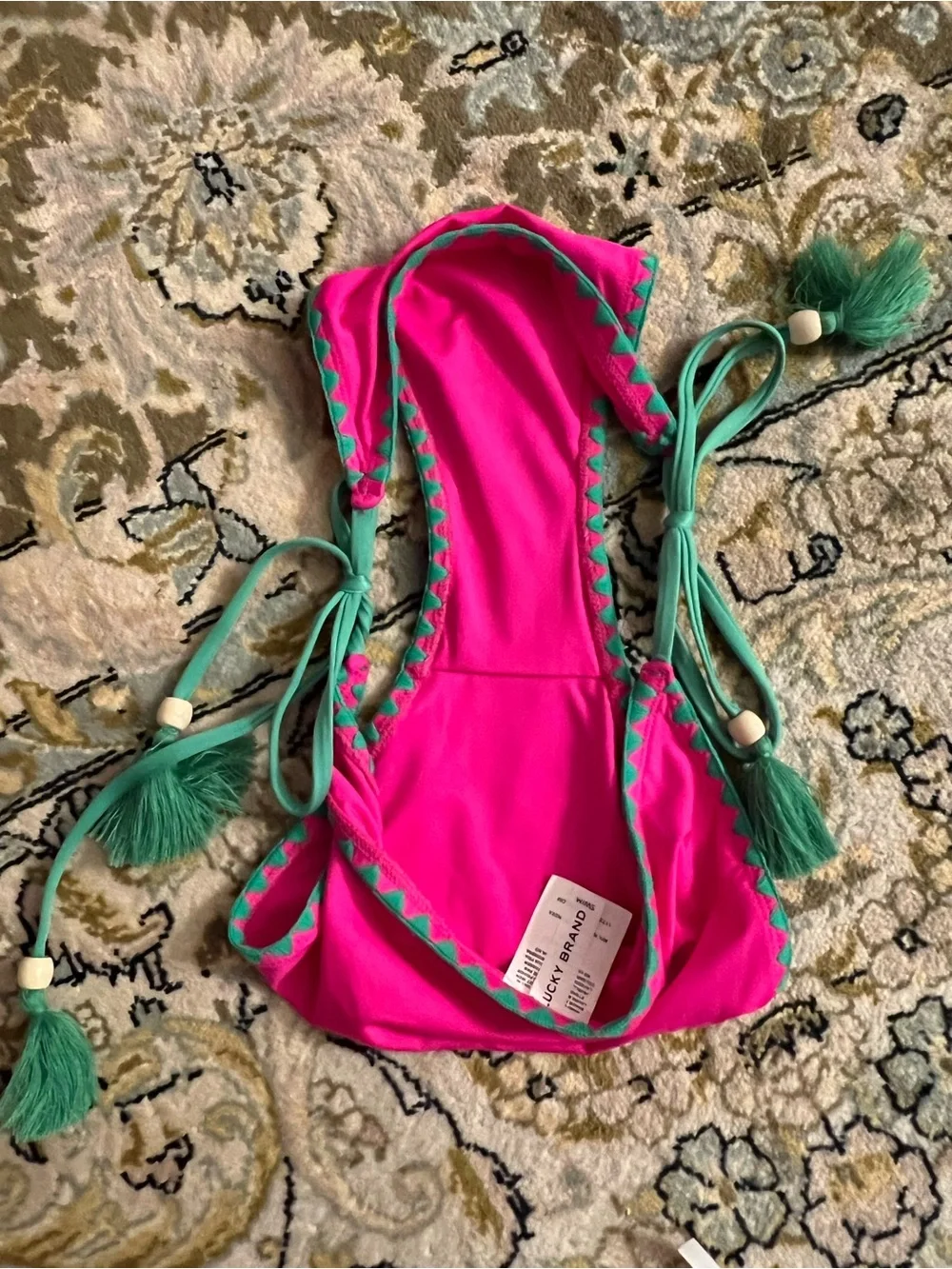 Lucky Brand avila hot Pink / green Two-Piece Bikini swimwear tassel new triangle
